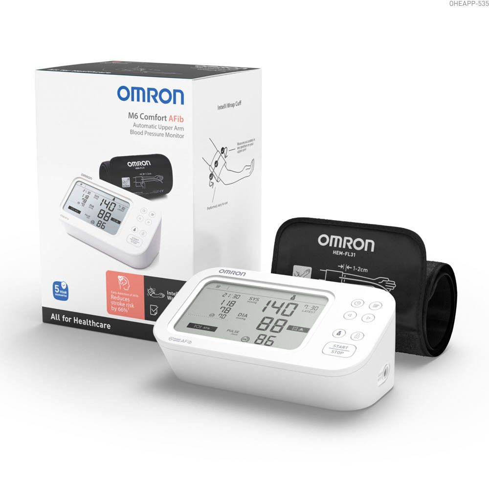 OMRON M6 Comfort AFib bloeddrukmeter. Apparaat, manchet en verpakking. Digitale display met meetwaarden. Zwarte manchet.