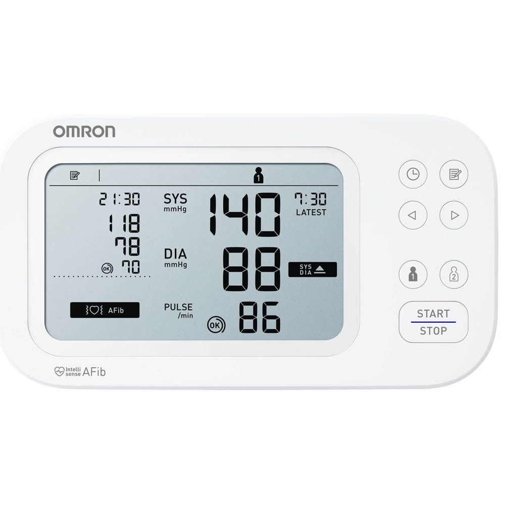OMRON M6 Comfort AFib bloeddrukmeter. Apparaat met display. Digitale display met meetwaarden. Bedieningsknoppen.