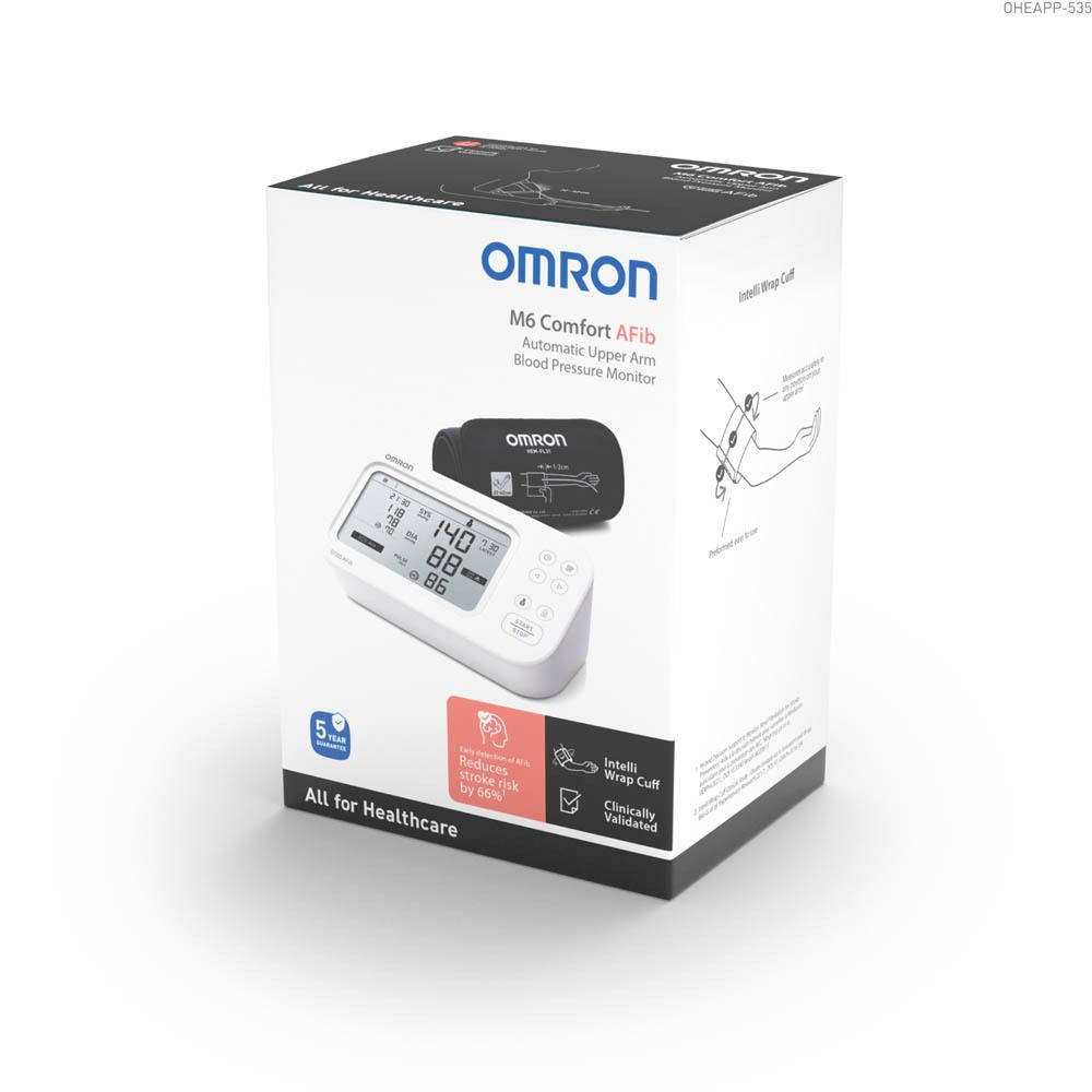 OMRON M6 Comfort AFib bloeddrukmeter. Apparaat met display. Digitale display met meetwaarden. Bedieningsknoppen.