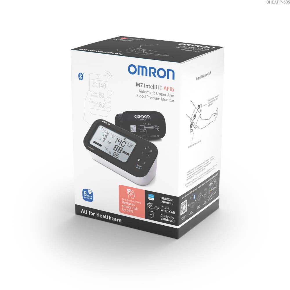 Emballage du tensiomètre. OMRON M7 Intelli IT AFib. Boîte avec image du produit.