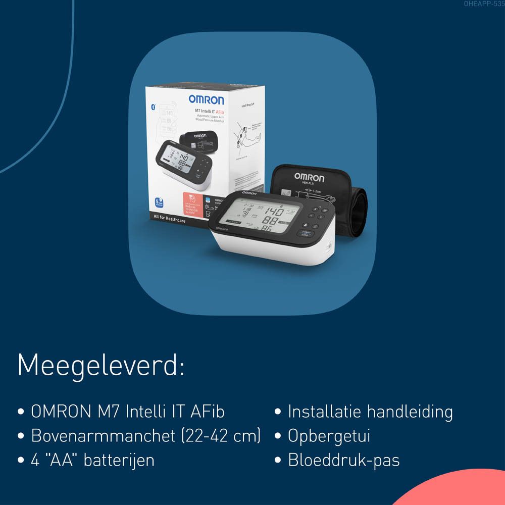 Verpakking van bloeddrukmeter. OMRON M7 Intelli IT AFib. Doos met productafbeelding.
