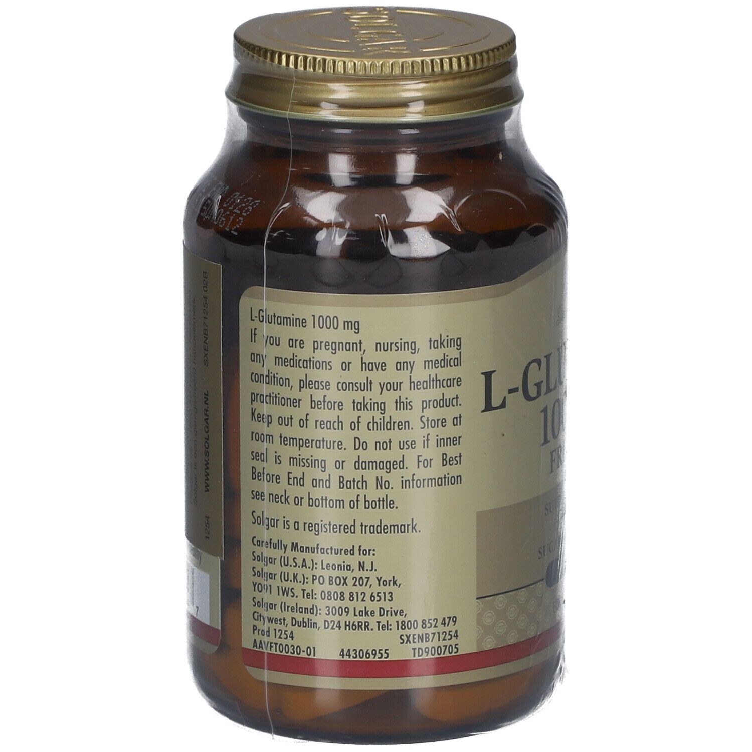 Achterkant van de bruine glazen fles. Etiket met informatie over L-Glutamine 1000 mg. Fabrikantinformatie en waarschuwingen.