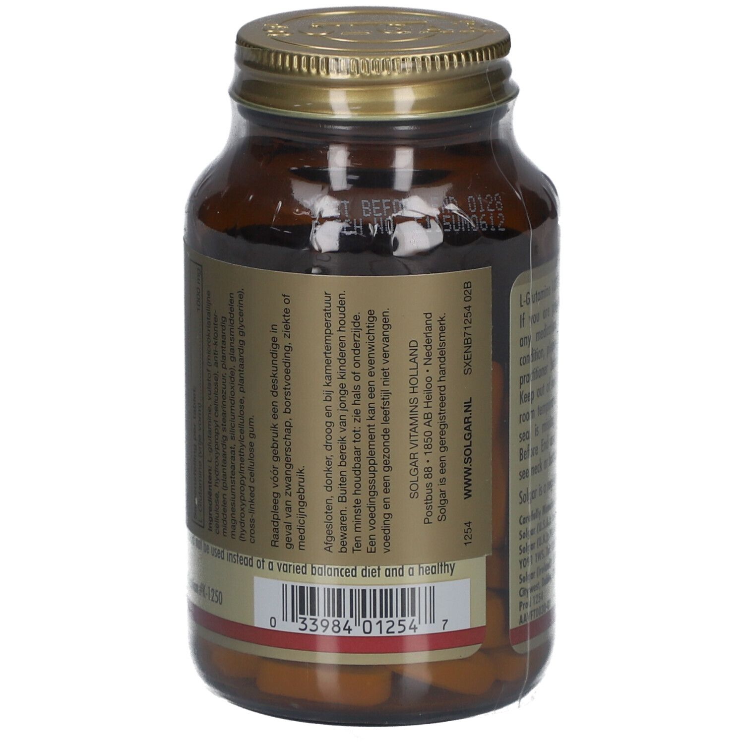 Achterkant van de bruine glazen fles. Etiket met informatie over L-Glutamine 1000 mg. Fabrikantinformatie en waarschuwingen.
