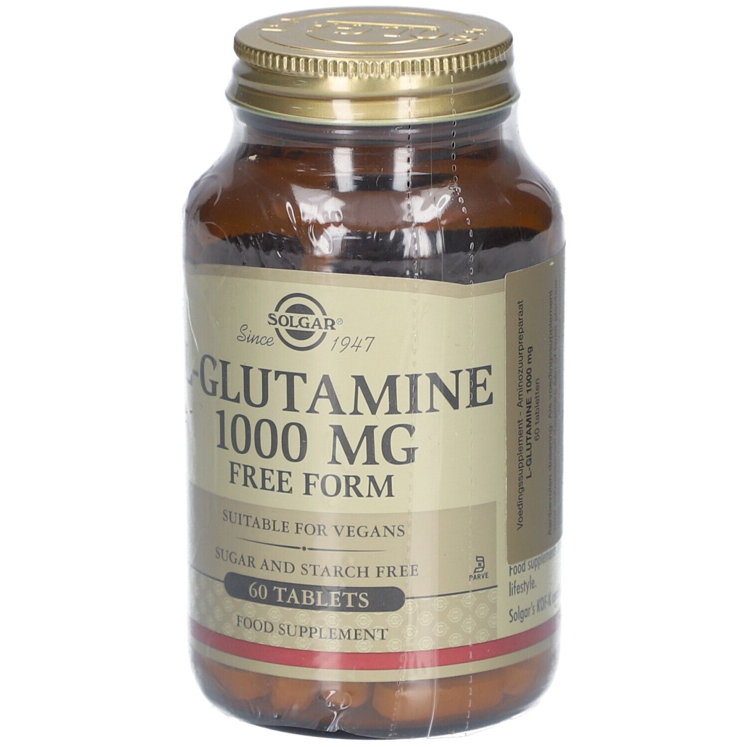 Bruine glazen fles met gouden dop. Etiket met opschrift L-Glutamine 1000 mg, geschikt voor veganisten. 60 tabletten.