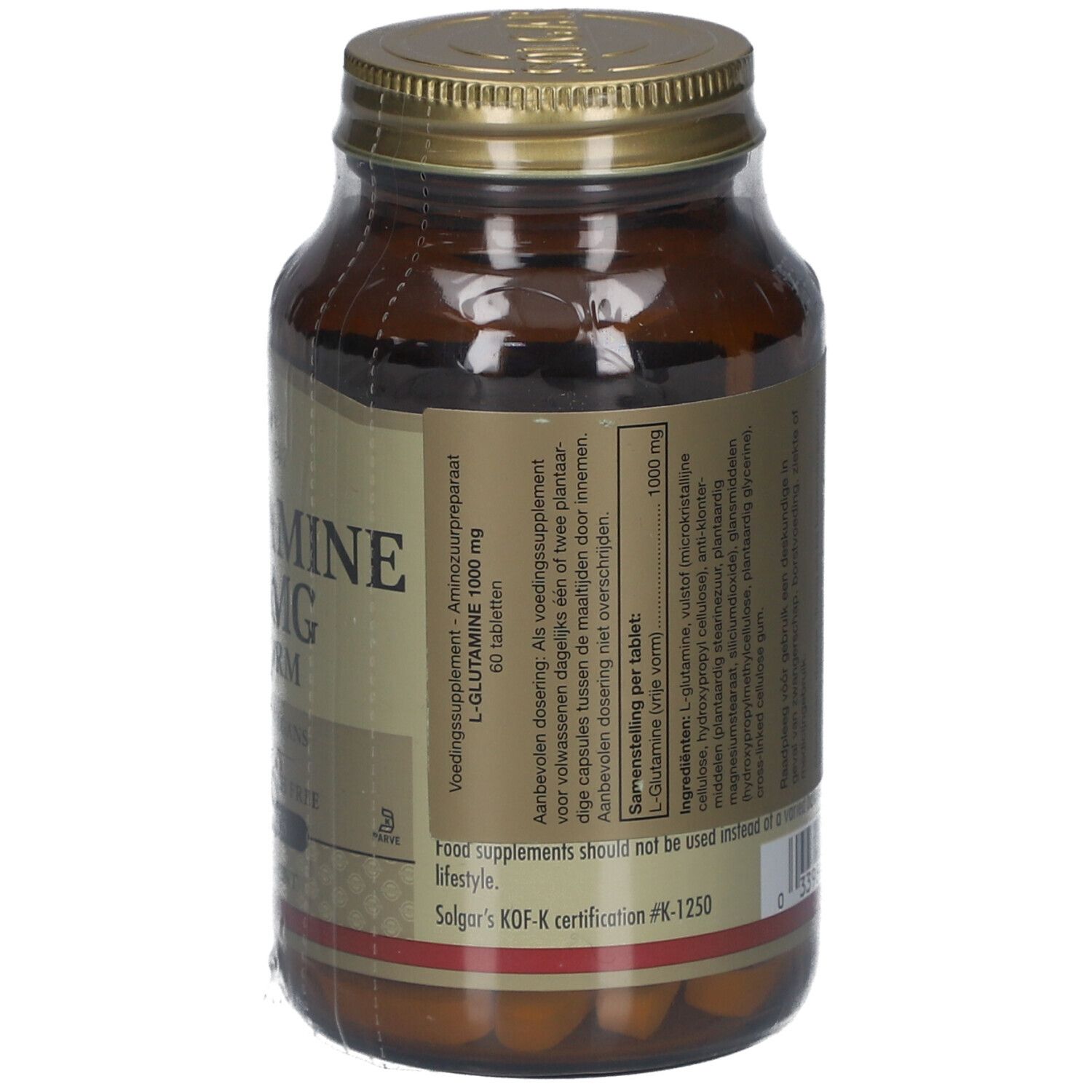 Achterkant van de bruine glazen fles. Etiket met informatie over L-Glutamine 1000 mg. Fabrikantinformatie en waarschuwingen.