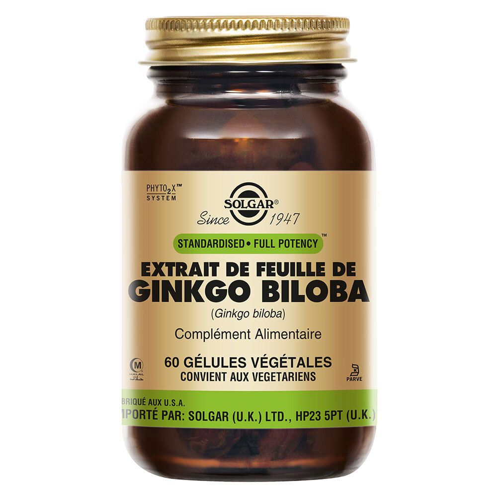 Bruine glazen fles met gouden dop. Label: Extrait de feuille de Ginkgo Biloba, 60 gélules végétales.