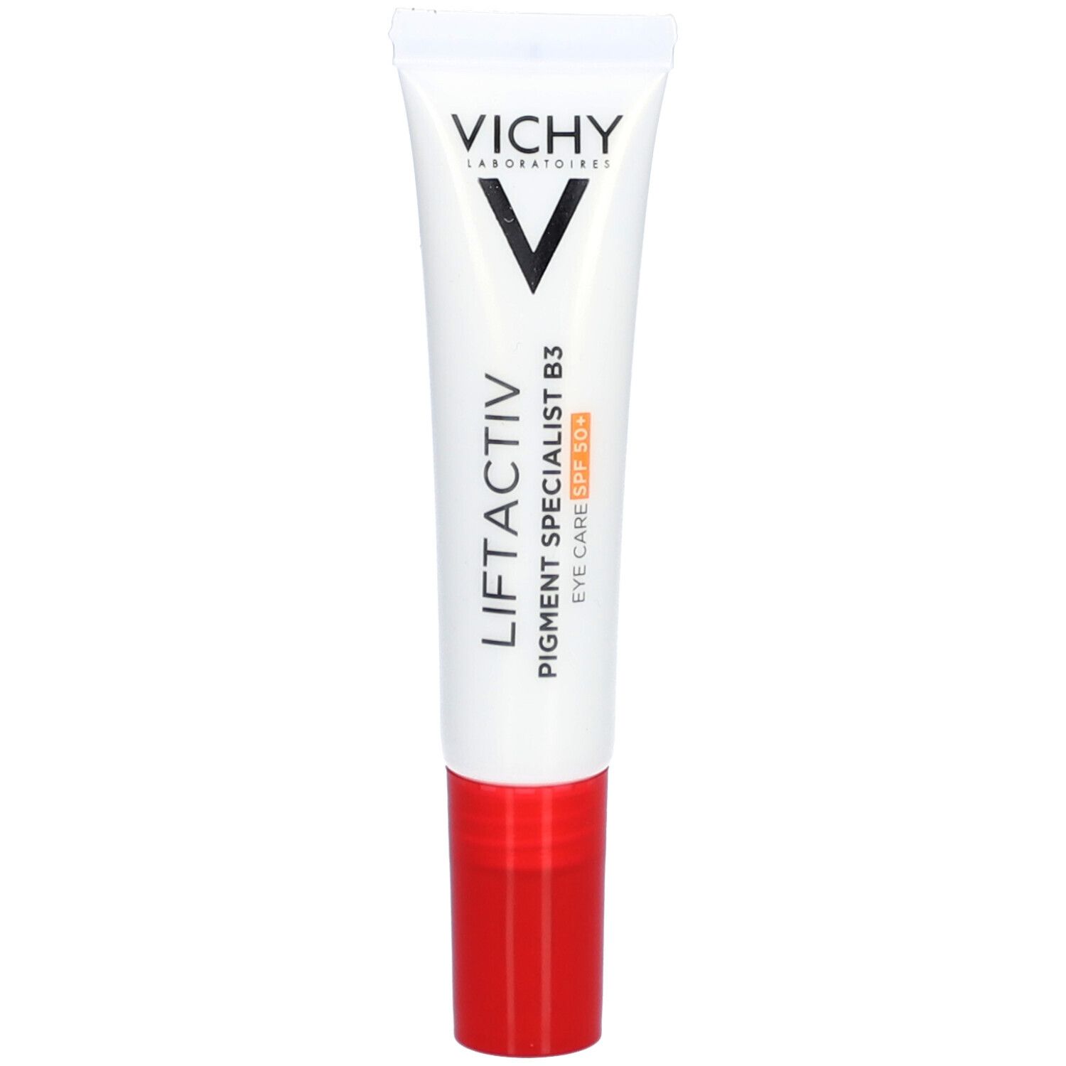 Witte tube, rode dop. Vichy Liftactiv Pigment Specialist B3 Eye Care SPF50+.