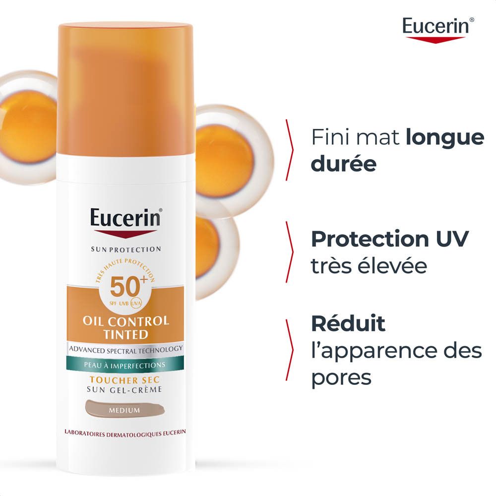 Eucerin Protection Solaire SPF 50+, Gel-Crème Teintée, Medium. Produit et emballage.