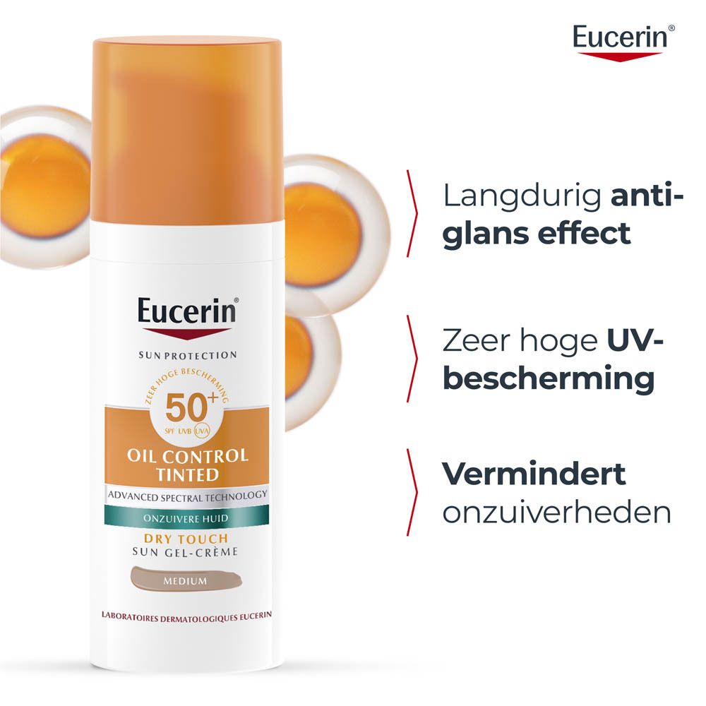 Eucerin Zonbescherming SPF 50+, Getinte Gel-Crème, Medium. Product en verpakking.