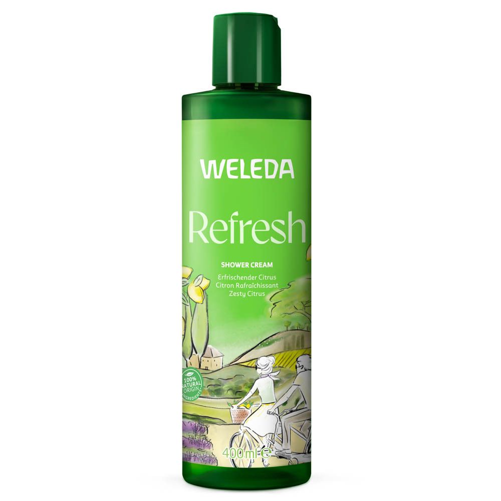 Flacon vert avec bouchon noir. Inscription: WELEDA, Refresh, Shower Cream. Illustration de paysage et de personnes.