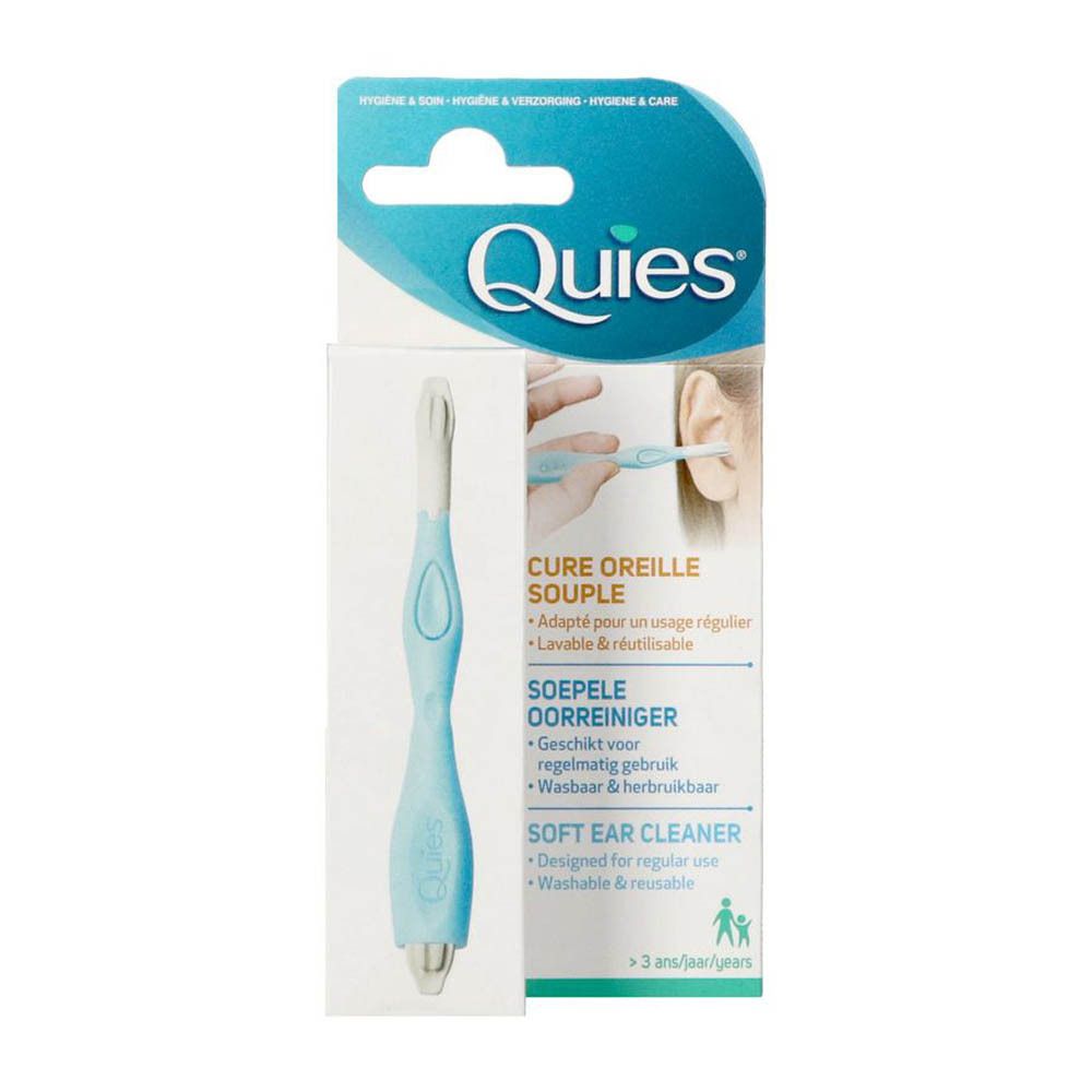 Nettoyeur d'oreilles Quies Cure Oreilles Souple. Manche bleu, embout blanc. Emballage. Lavable et réutilisable.