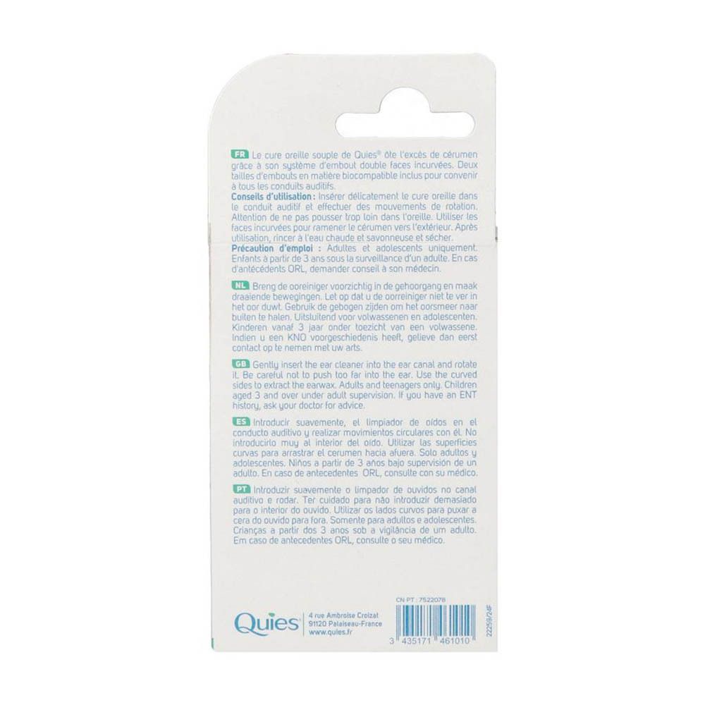 Achterkant van de verpakking. Meertalige tekst. Productnaam: Quies. Gebruiksaanwijzing en voorzorgsmaatregelen.