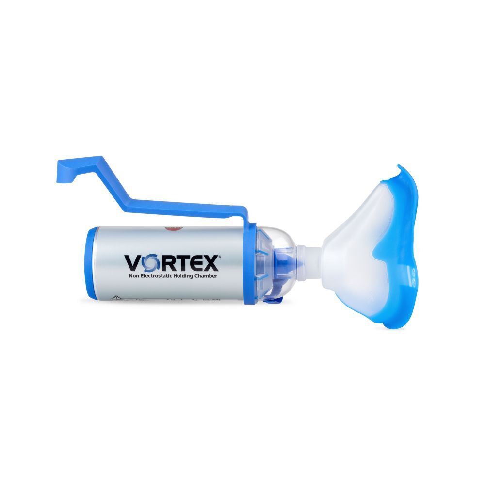 Inhalatiekamer met masker. Blauw mondstuk, zilveren reservoir met "VORTEX"-logo. Handvat.