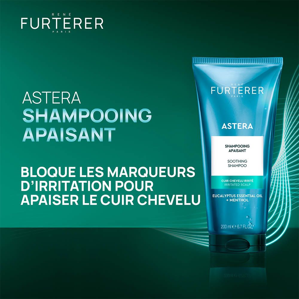 Tube bleu. Texte: René Furterer, Astera Shampooing Apaisant. Femme.