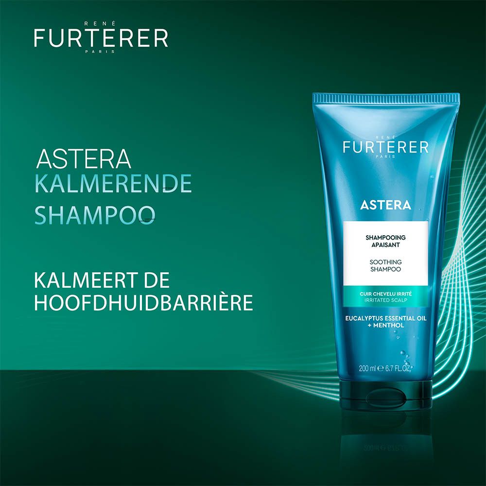 Blauwe tube. Tekst: René Furterer, Astera Kalmerende Shampoo. Vrouw.