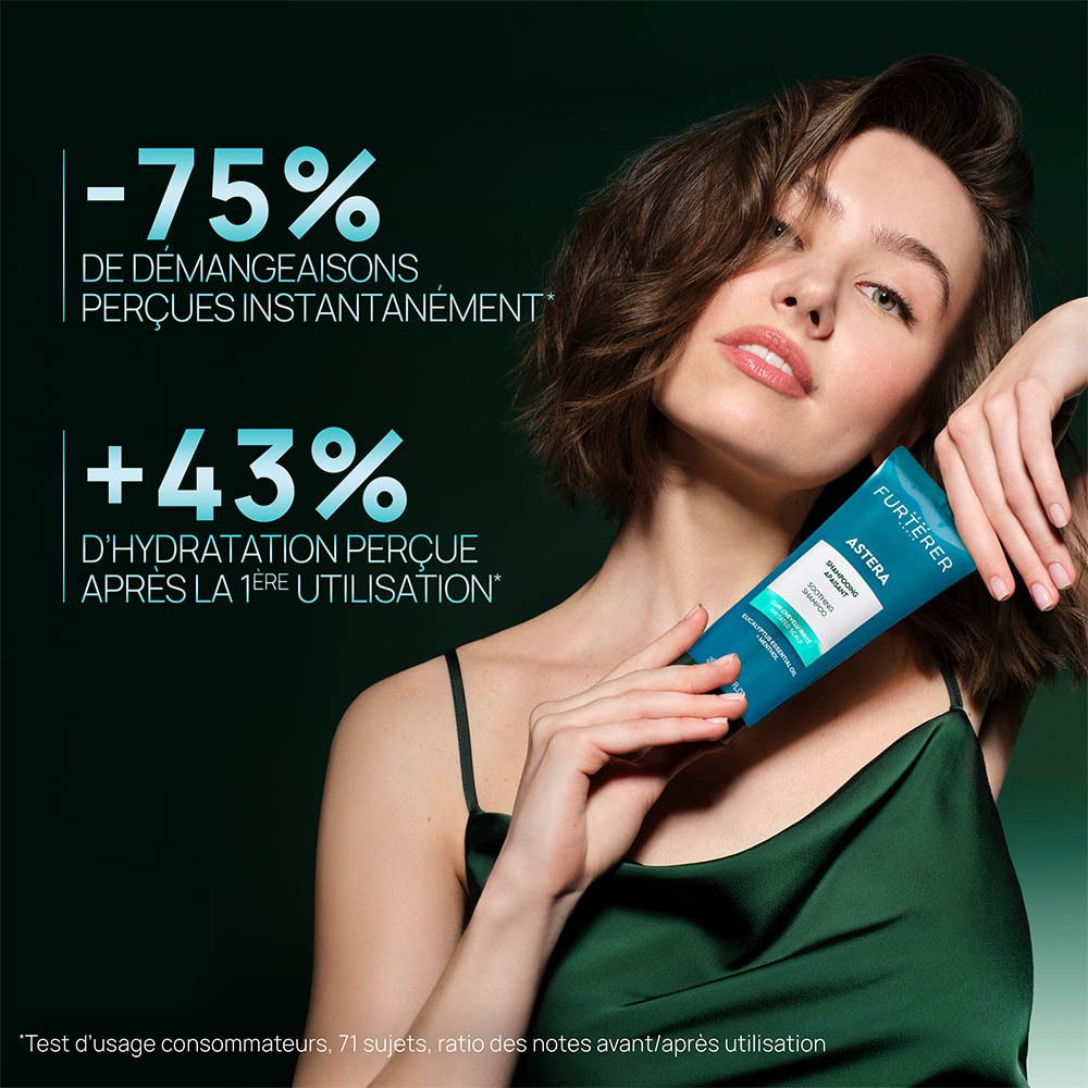 Femme avec tube bleu. Texte: René Furterer, Astera Shampooing Apaisant.