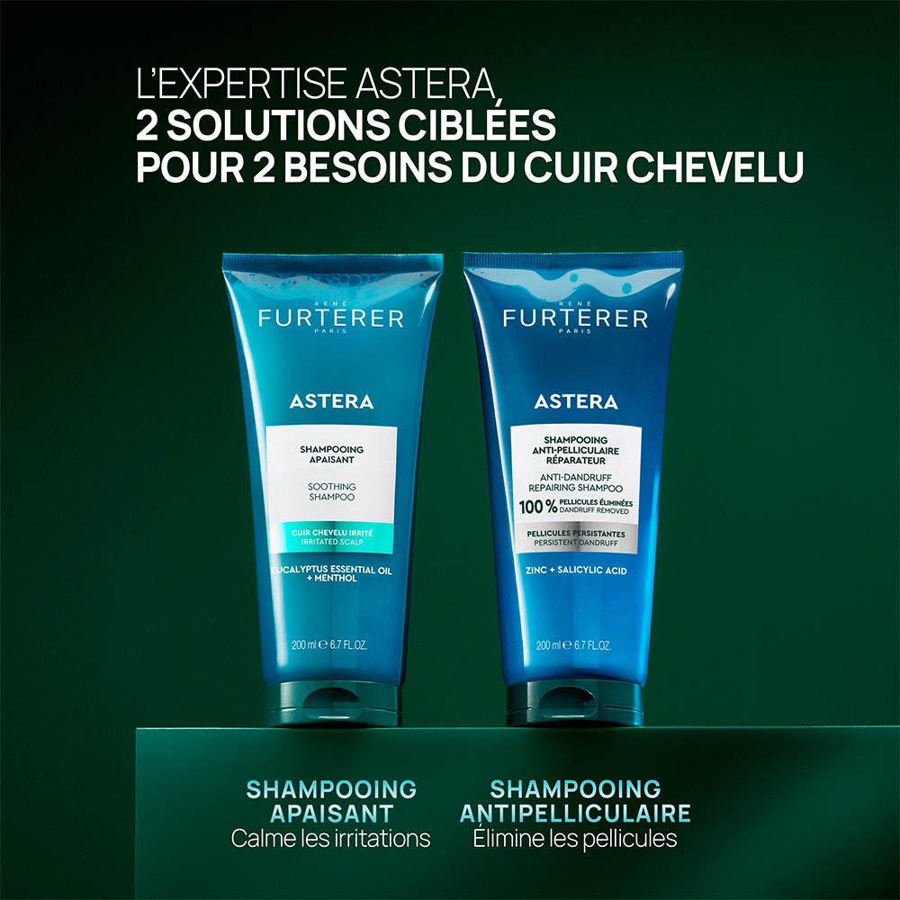 Deux tubes bleus. Texte: René Furterer, Astera. Shampooing Apaisant.