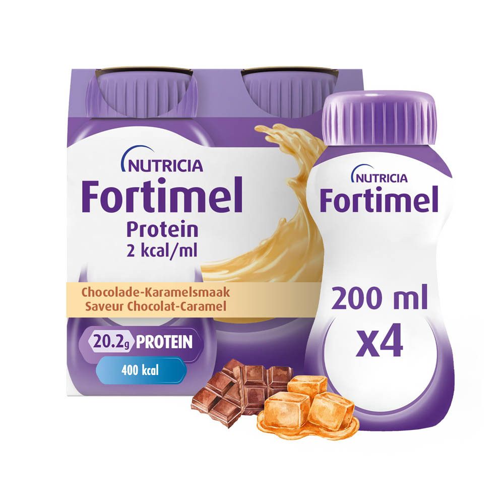 Une bouteille Fortimel Protein, goût chocolat-caramel. Bouchon violet, étiquette blanche, fond jaune. Chocolat et caramel.