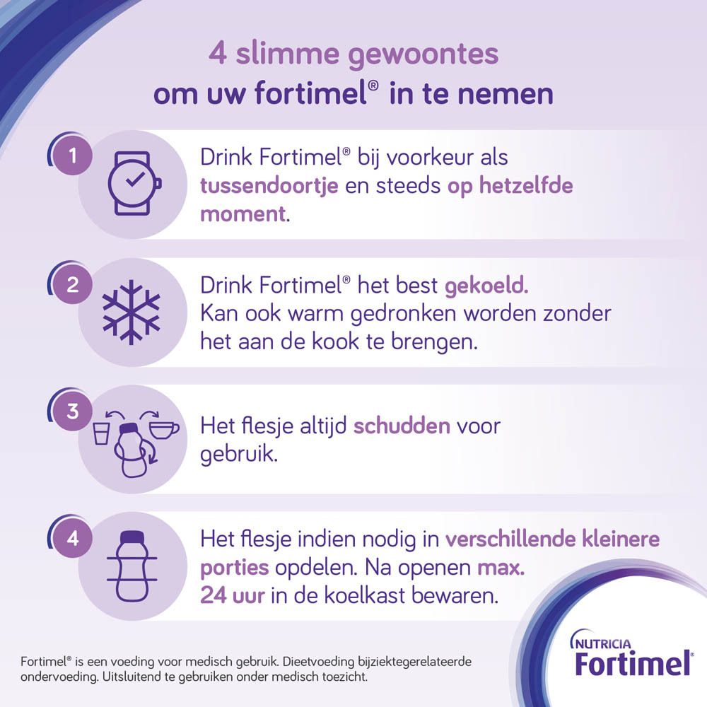 Verpakking van 4 flessen Fortimel Protein 2 kcal/ml, vanillesmaak. Flessen met paarse dop, in karton.