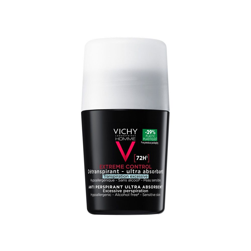 Déodorant roll-on noir et blanc. Texte: Vichy Homme, Extreme Control, 72H.