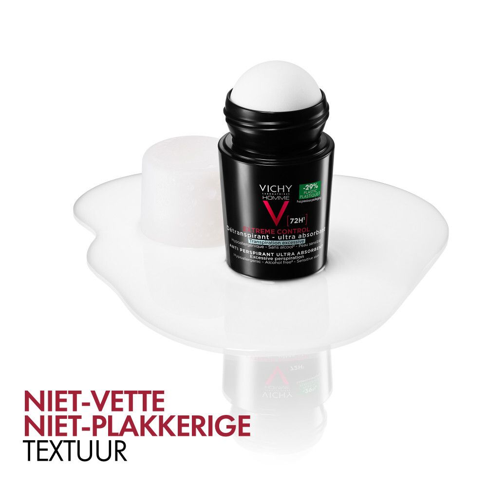 Deodorantroller op witte vloeistof. Tekst: Niet-vette, niet-plakkerige textuur.