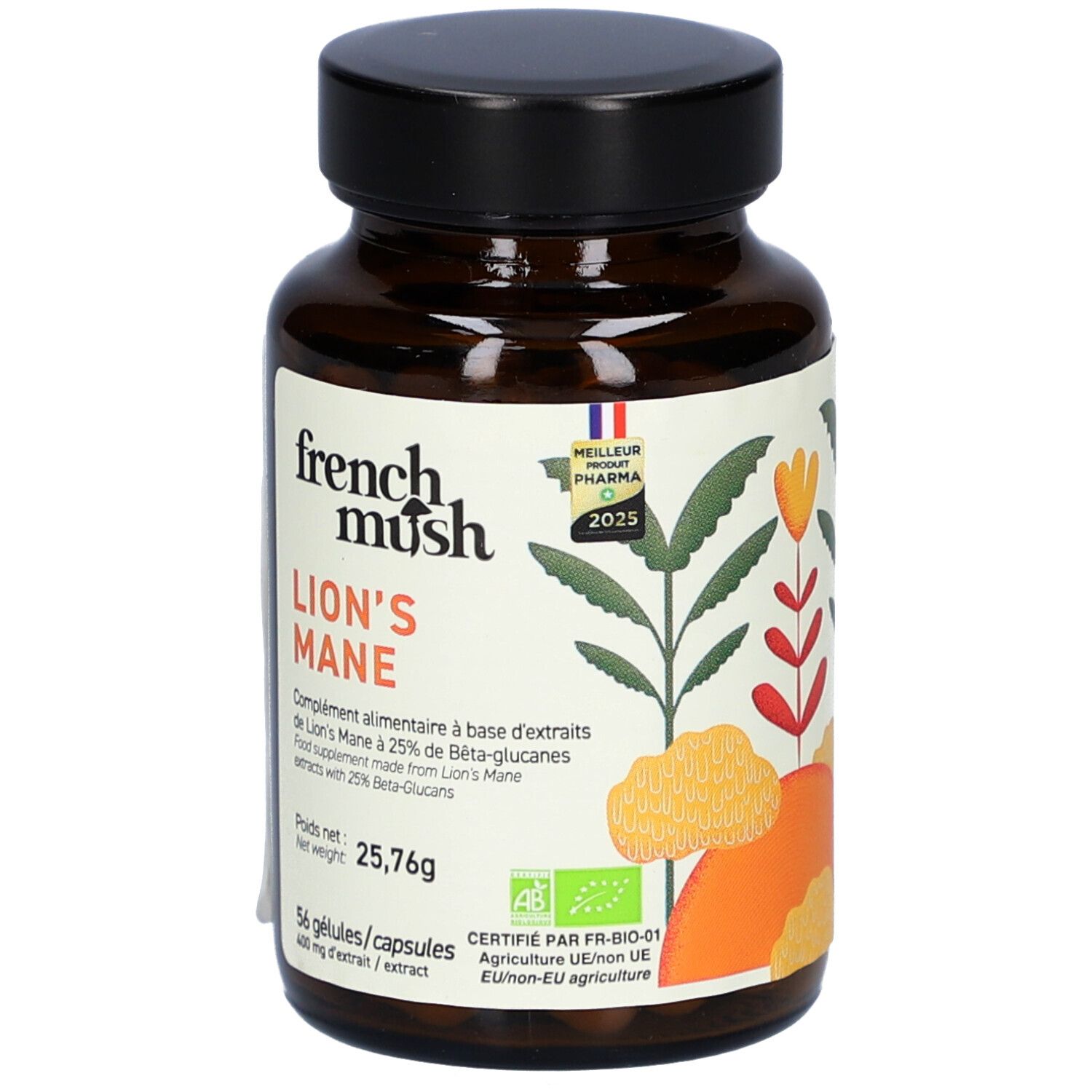 Bruine glazen fles met capsules. Label "French Mush Lion's Mane". Biologische certificering. 56 capsules.