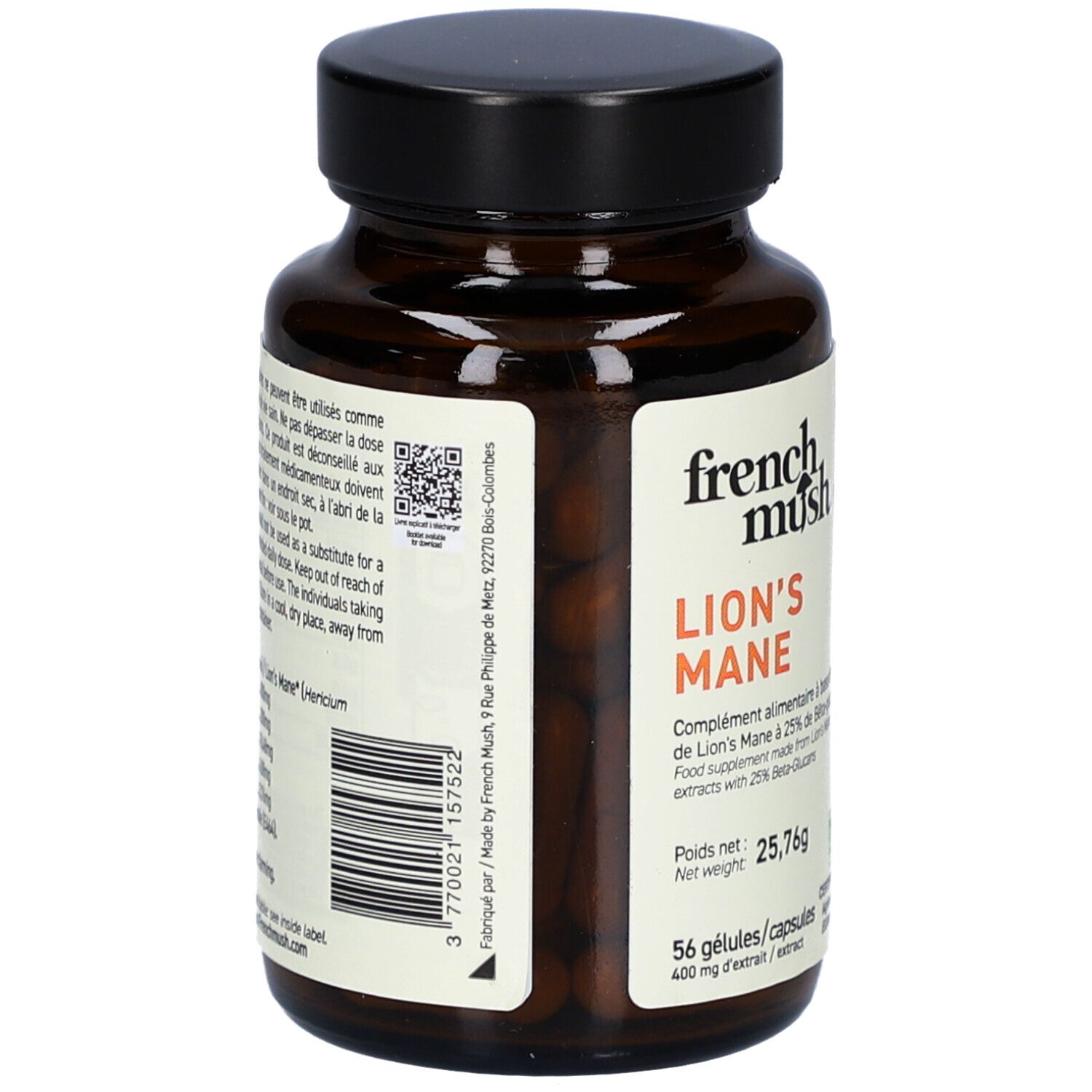 Bruine glazen fles met capsules. Label "French Mush Lion's Mane". QR-code en barcode. 56 capsules.