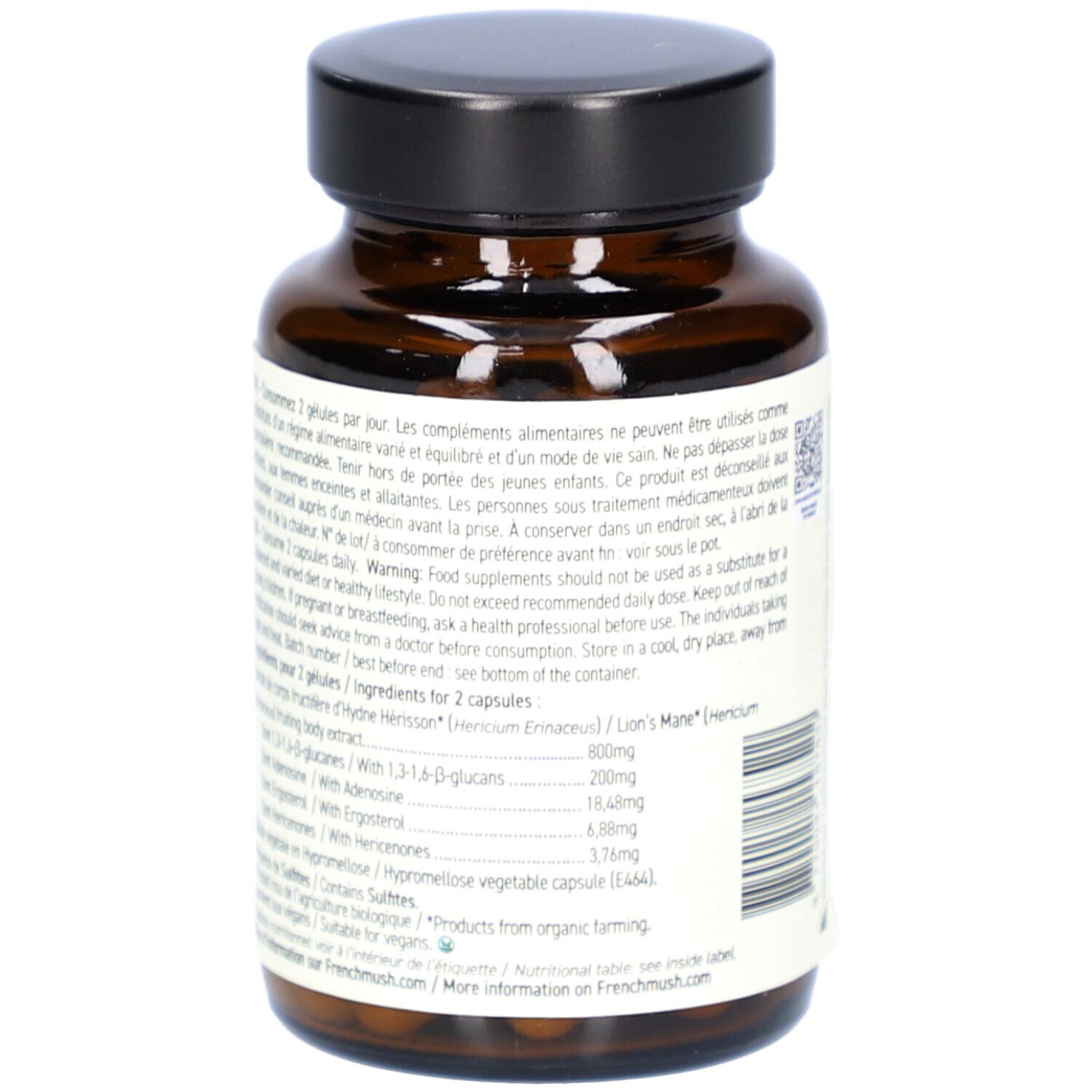 Bruine glazen fles met capsules. Achterkant met tekst. Ingrediëntenlijst en aanbevelingen. 56 capsules.