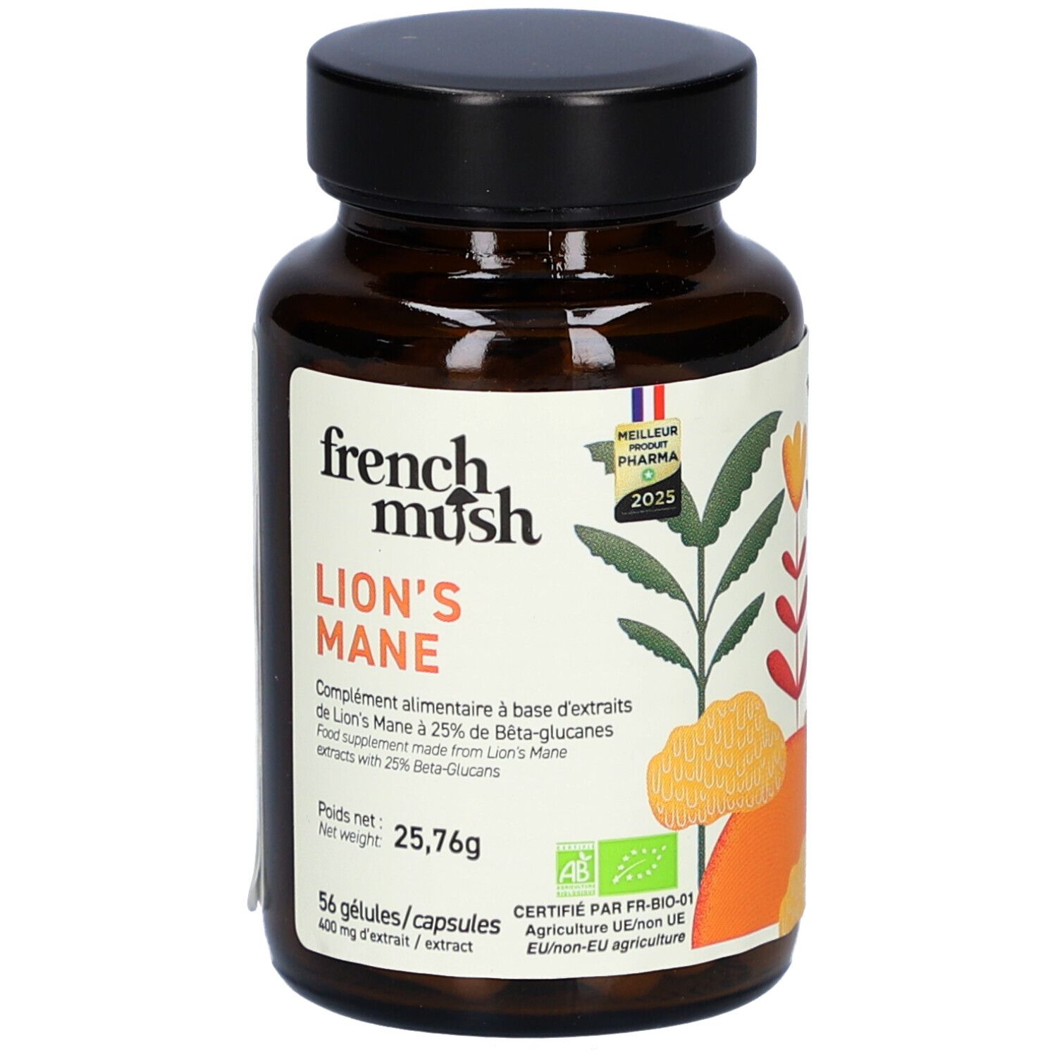 Bruine glazen fles met capsules. Label "French Mush Lion's Mane". Biologische certificering. 56 capsules.