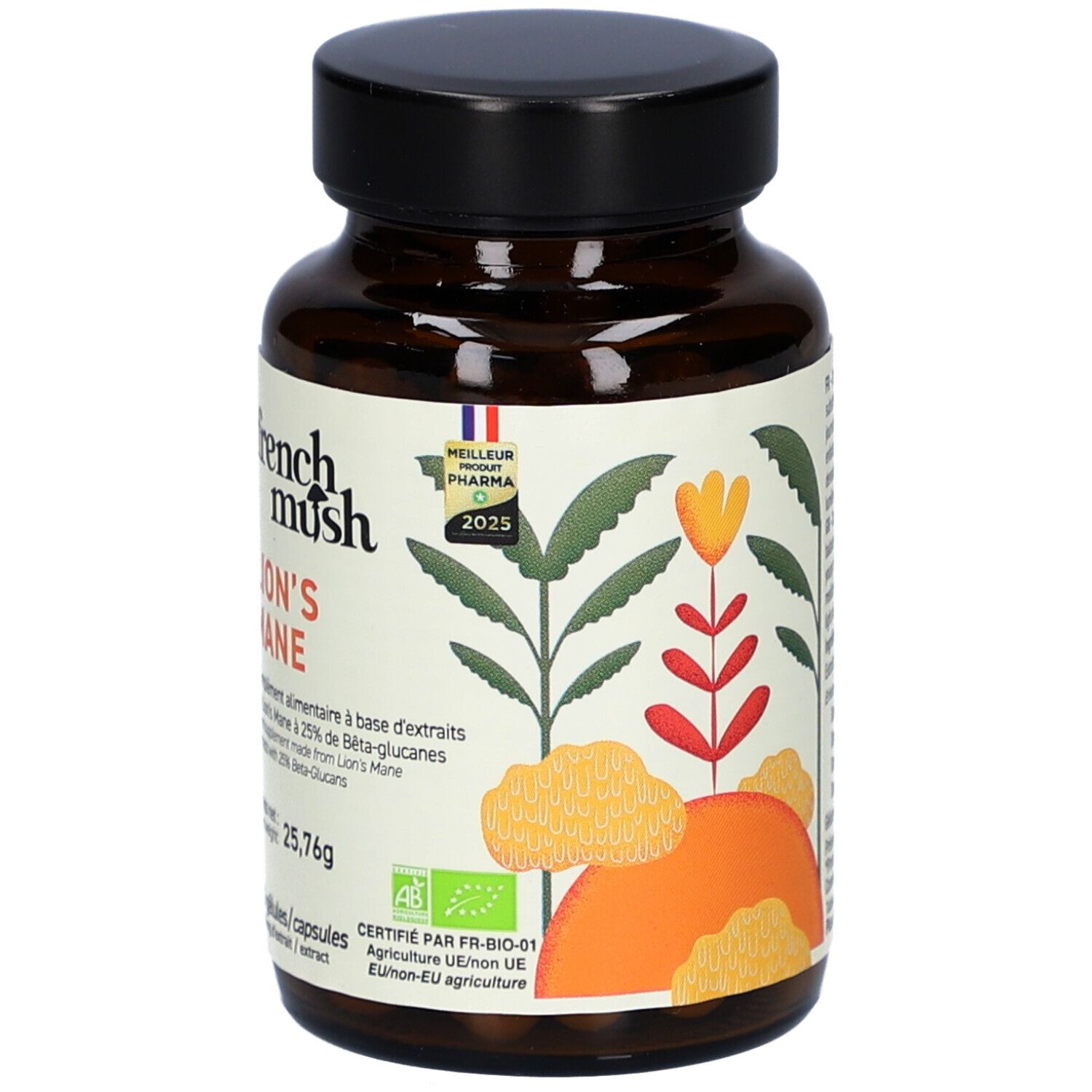 Bruine glazen fles met capsules. Label "French Mush Lion's Mane". Biologische certificering. 56 capsules.