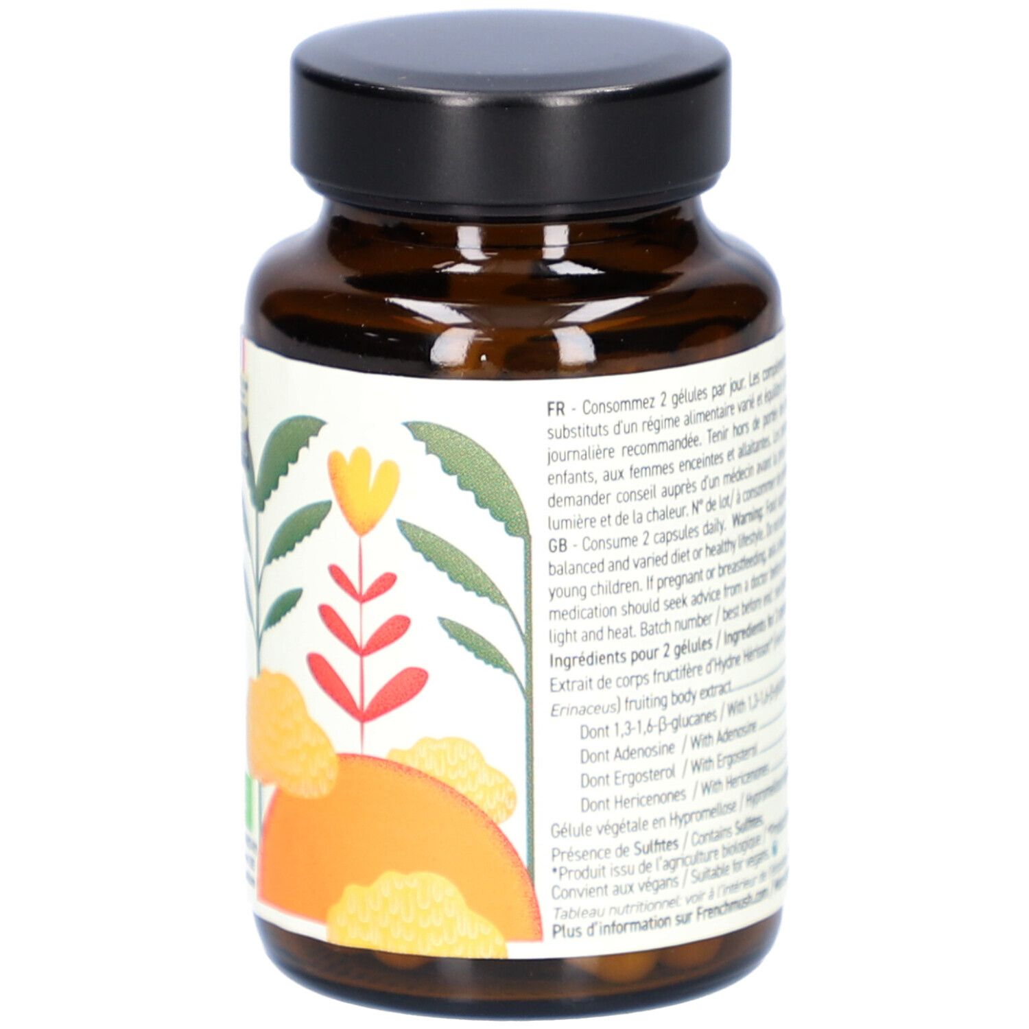 Bruine glazen fles met capsules. Achterkant met tekst. Ingrediëntenlijst en aanbevelingen. 56 capsules.