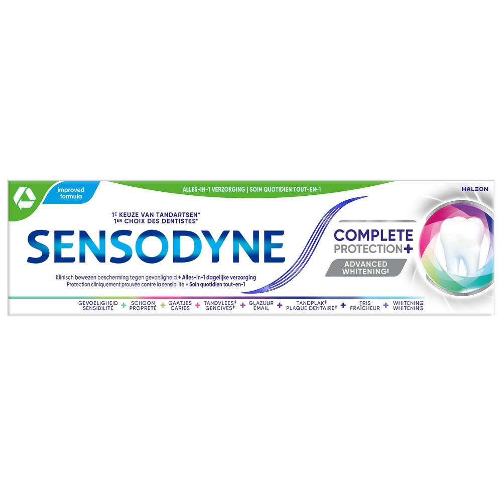 Emballage de dentifrice Sensodyne Complete Protection Advanced Whitening. Design blanc et bleu.