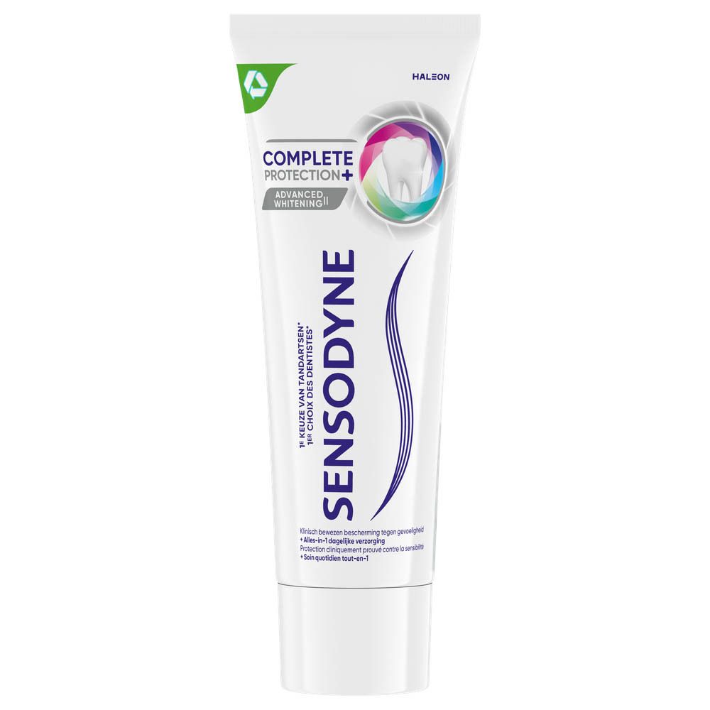Tube de dentifrice. Sensodyne Complete Protection Advanced Whitening. Blanc. Vagues bleues.