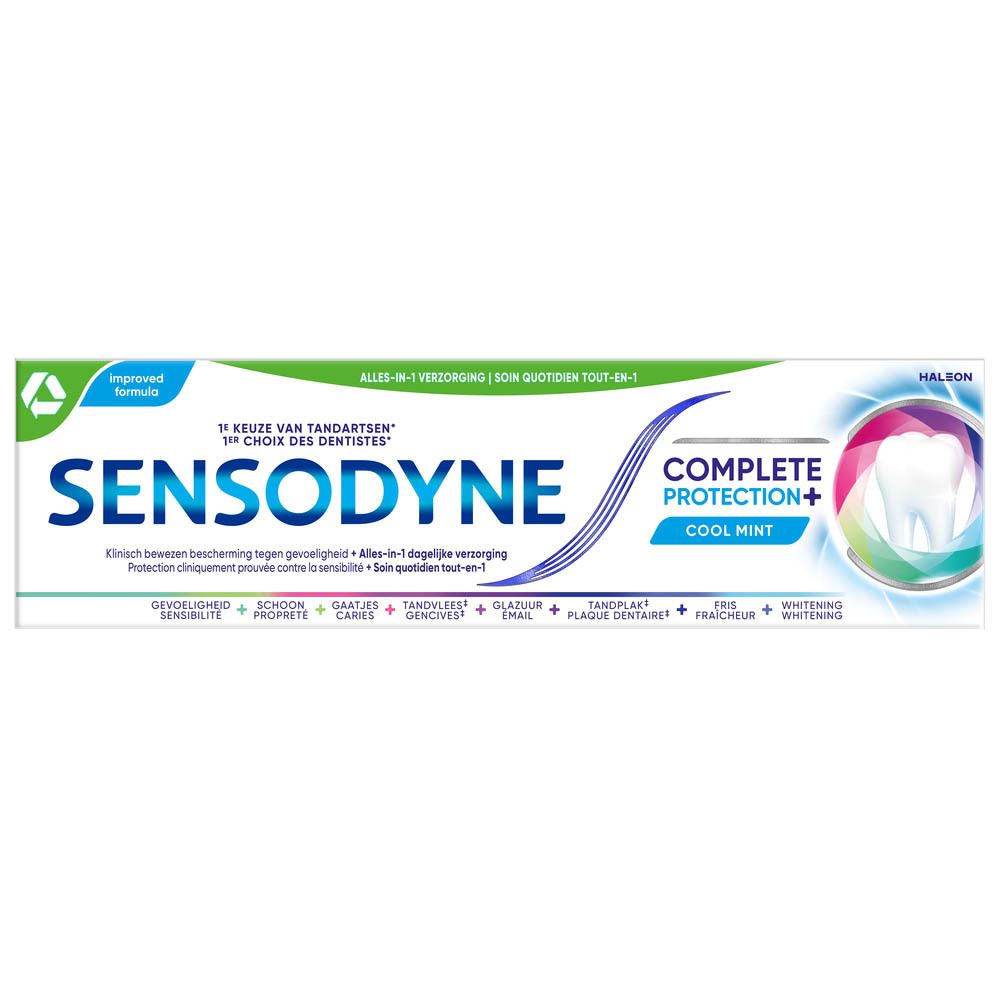 Emballage de dentifrice Sensodyne Complete Protection+ Cool Mint. Blanc, bleu et vert. Textes en allemand, néerlandais et français.