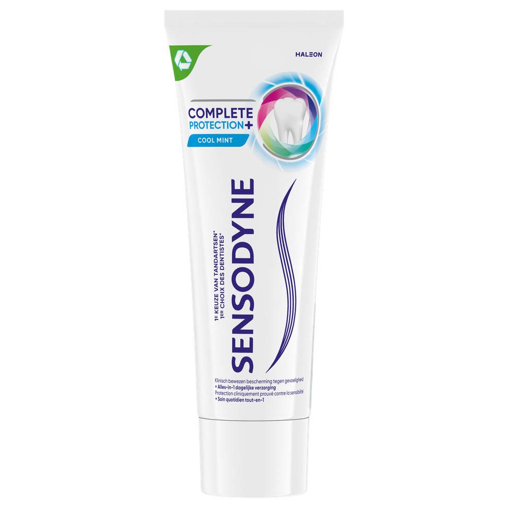 Tube de dentifrice Sensodyne Complete Protection+ Cool Mint. Blanc, bleu et vert.