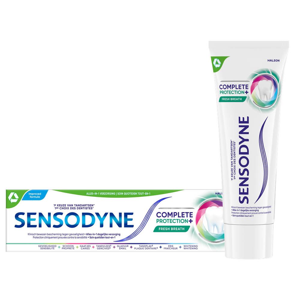 Dentifrice Sensodyne Complete Protection+ Fresh Breath et emballage. Blanc, bleu et vert. Texte.