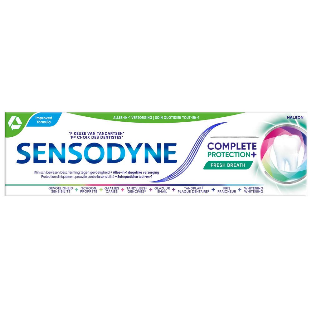 Emballage de dentifrice Sensodyne Complete Protection+ Fresh Breath. Blanc, bleu et vert. Texte.