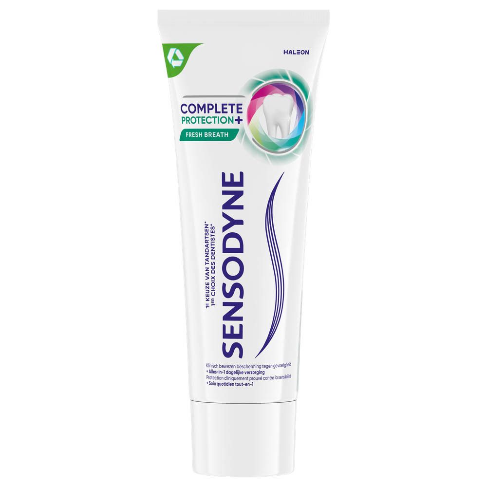 Tube de dentifrice Sensodyne Complete Protection+ Fresh Breath. Blanc, bleu et vert. Texte.
