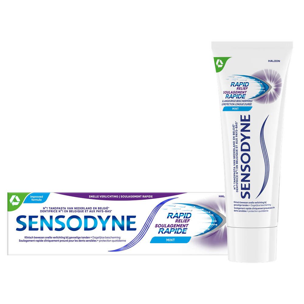 Dentifrice Sensodyne Rapid Relief et emballage. Tube et boîte. Texte : Rapid Relief, Mint.