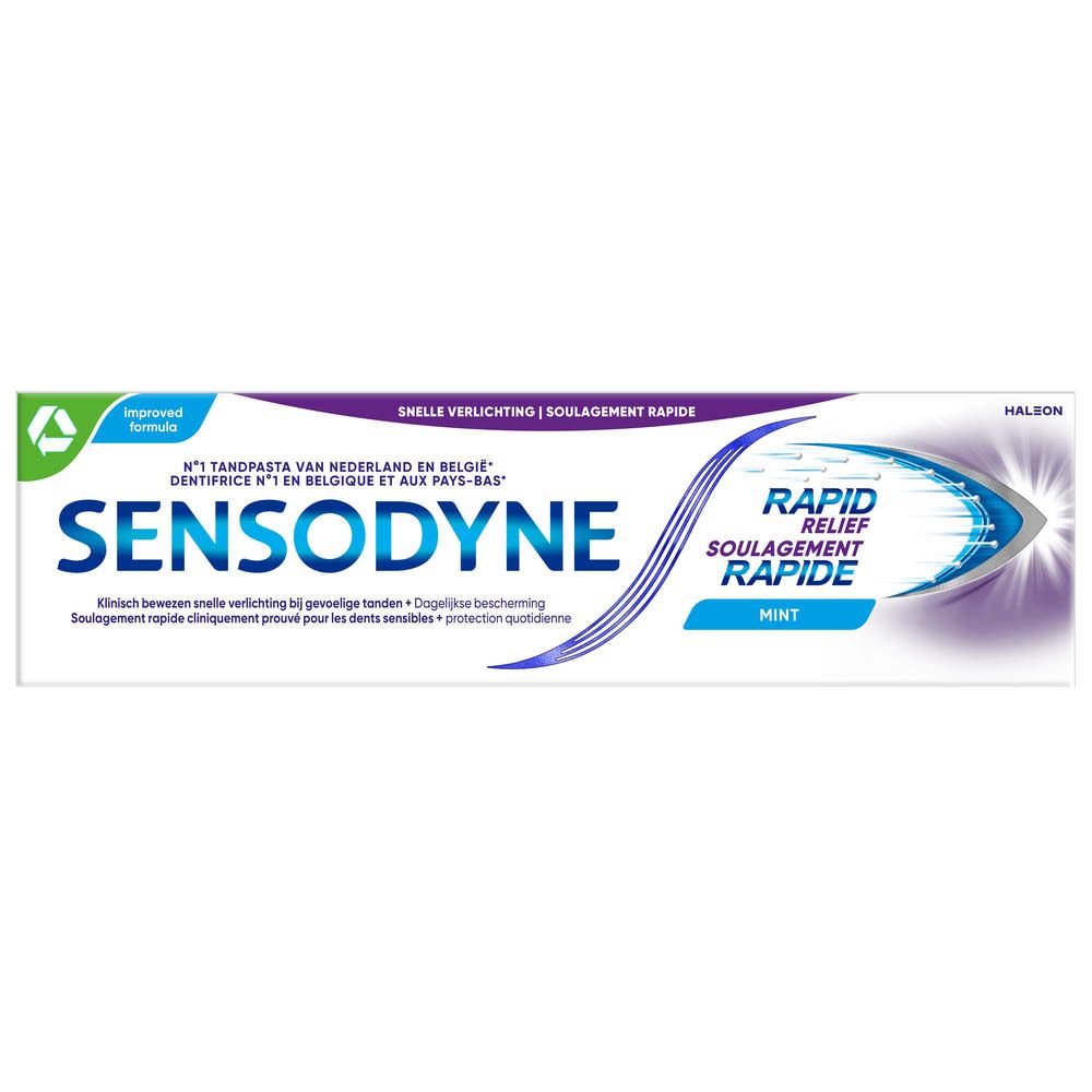 Emballage de dentifrice Sensodyne Rapid Relief. Blanc, bleu et violet. Texte : Sensodyne, Rapid Relief, Mint.