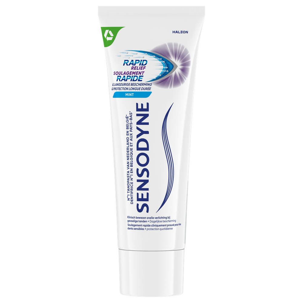 Sensodyne Rapid Relief tandpasta. Witte tube met blauw en paars design. Tekst: Rapid Relief, Mint.