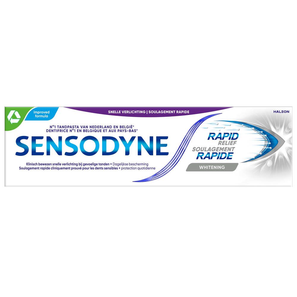 Emballage de dentifrice Sensodyne Rapid Relief Whitening. Blanc et bleu.