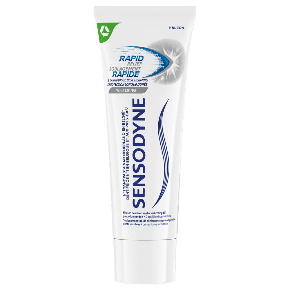 Tube de dentifrice. Sensodyne Rapid Relief Whitening. Blanc et bleu. Symbole de recyclage.