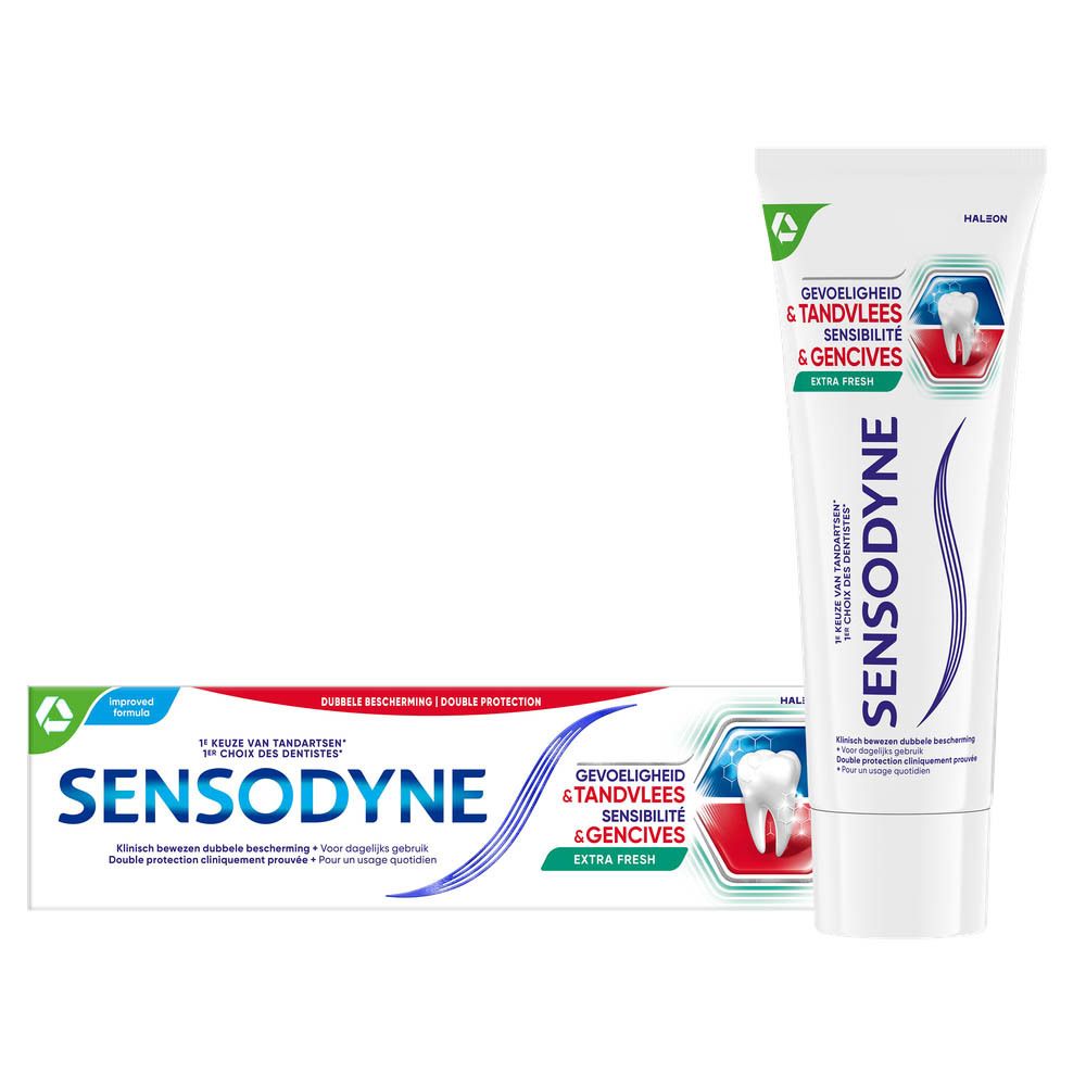 Tube et emballage de dentifrice Sensodyne Sensibilité & Gencives Extra Fresh. Blanc, bleu et rouge. Texte: Sensodyne, Extra Fresh, double protection.