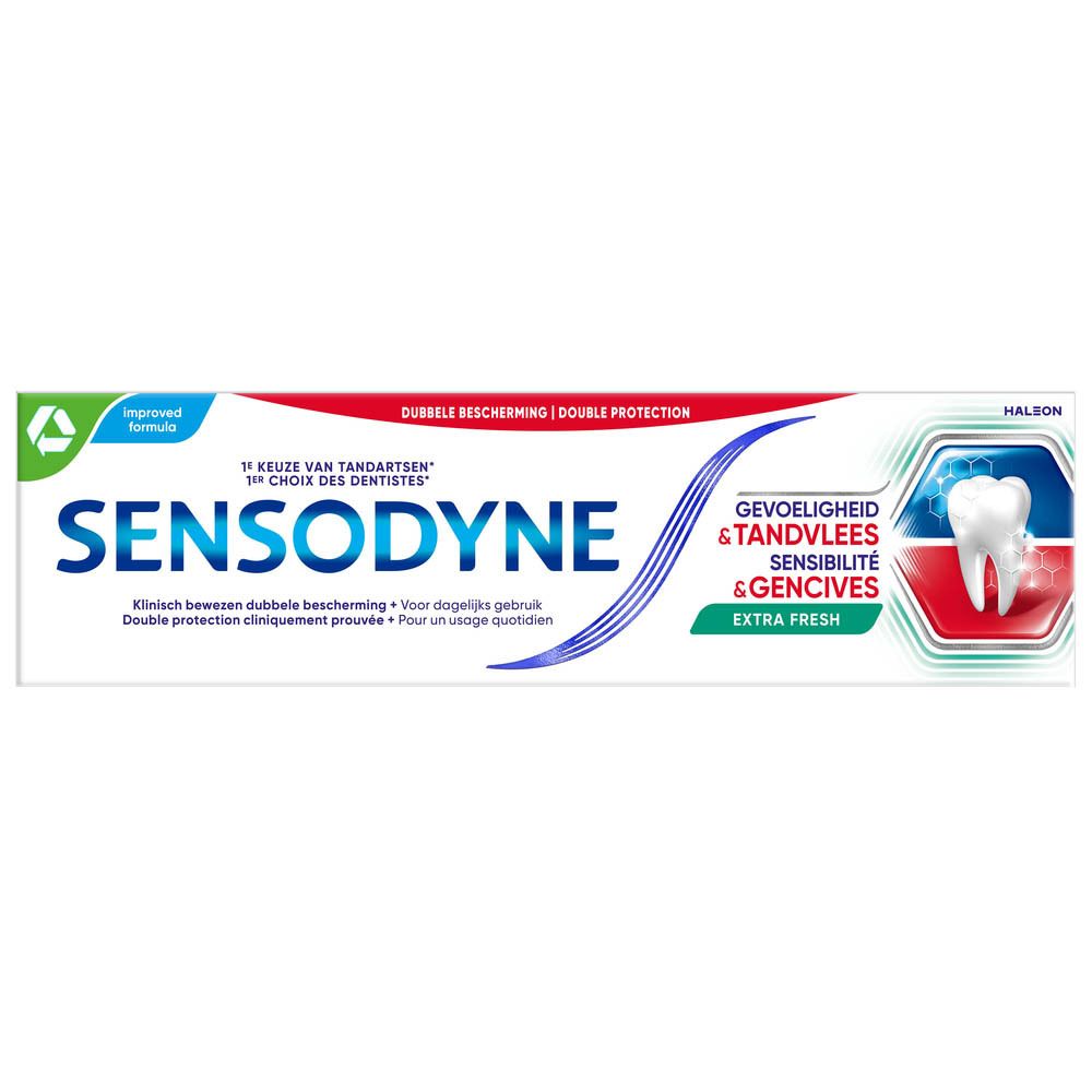 Emballage de dentifrice Sensodyne Sensibilité & Gencives Extra Fresh. Blanc, bleu et rouge. Texte: Sensodyne, Extra Fresh, double protection.