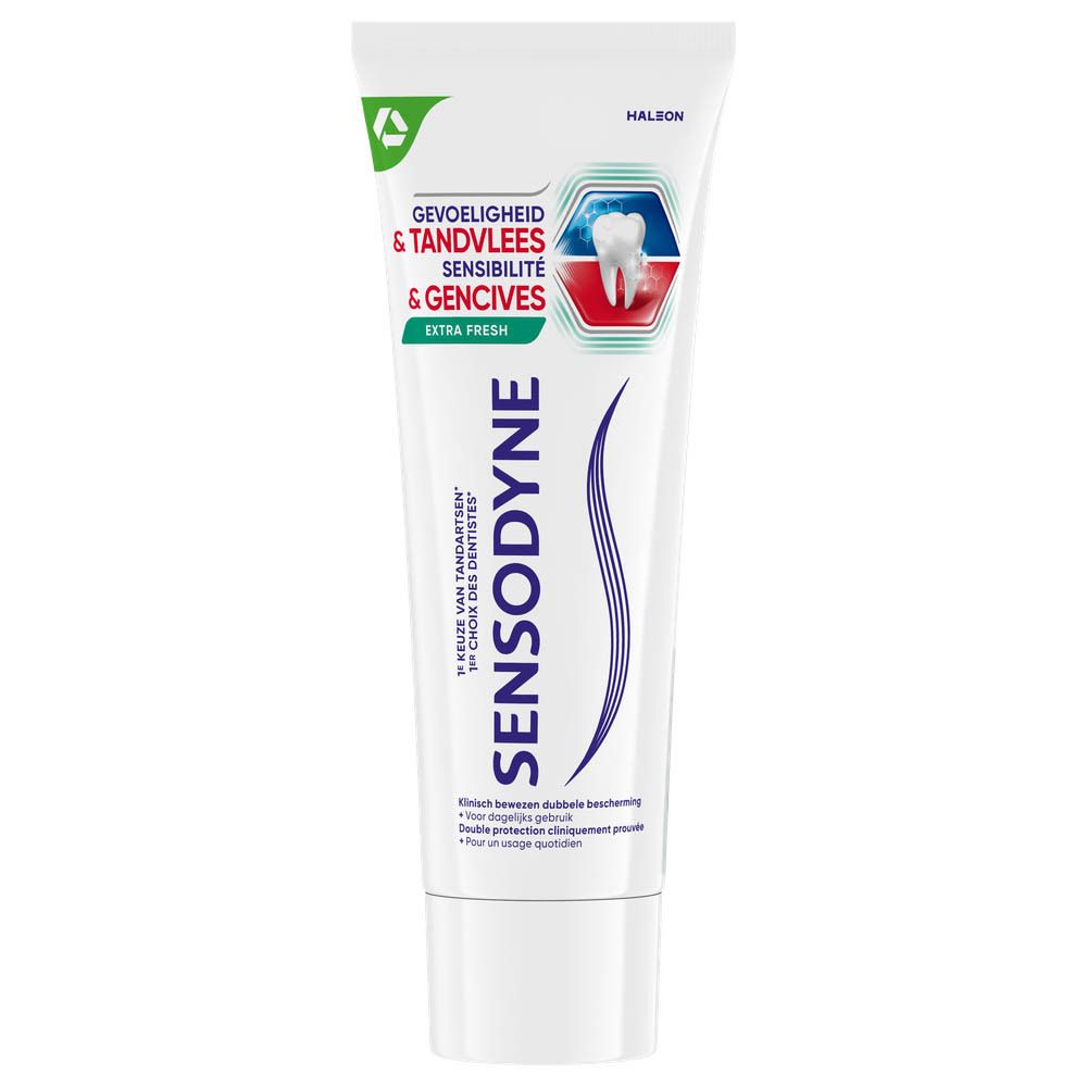 Tube de dentifrice Sensodyne Sensibilité & Gencives Extra Fresh. Blanc, bleu et rouge. Texte: Sensodyne, Extra Fresh, double protection.