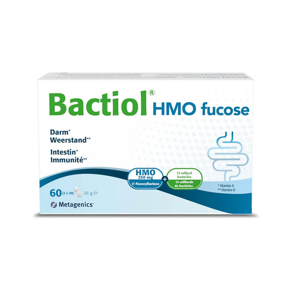 Witte doos Bactiol® HMO fucose. Bevat 60 capsules. Darm, Weerstand, Intestin, Immunité. Metagenics logo. HMO, 2-Fucosyllactose.