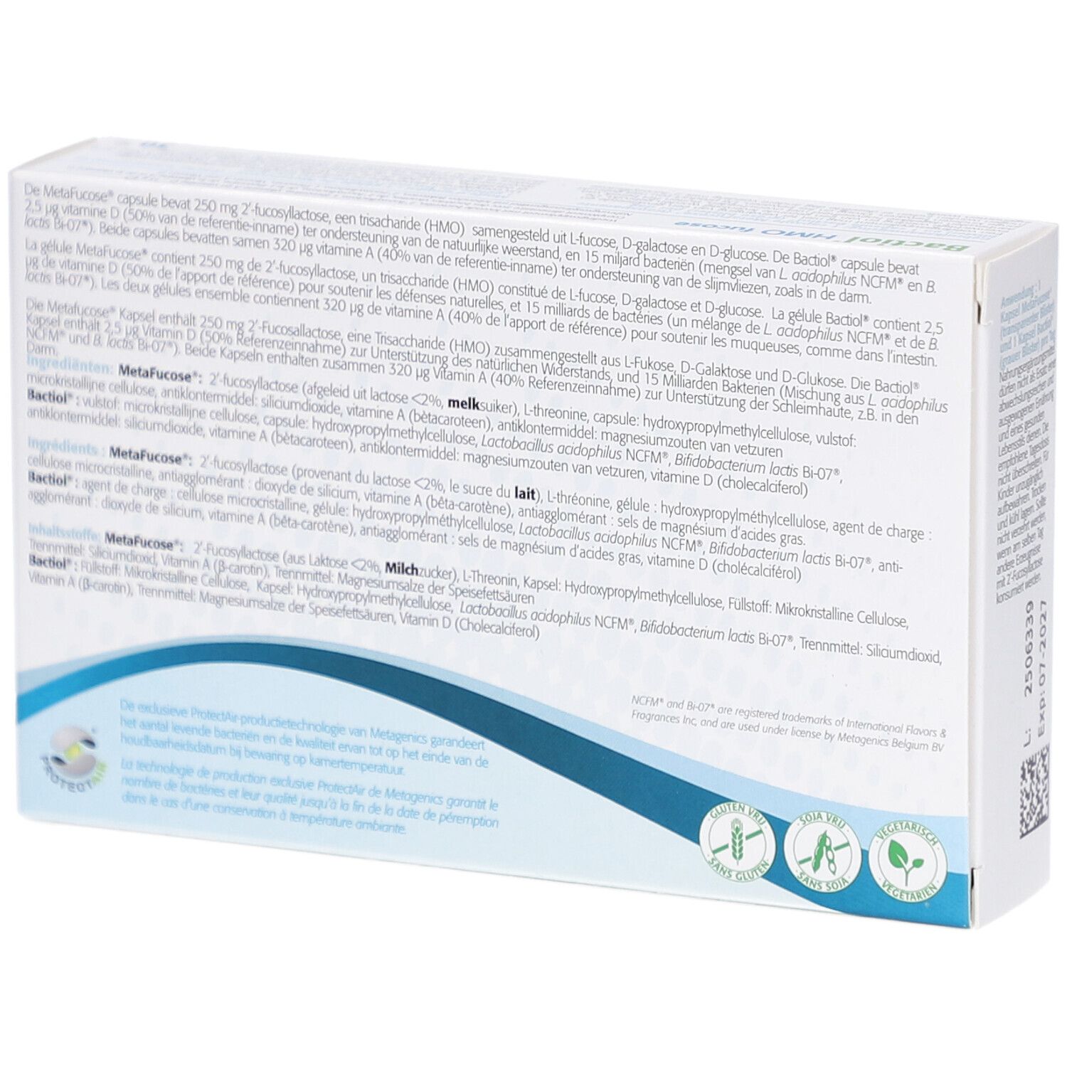 Achterkant van de Bactiol HMO fucose verpakking. Tekst in meerdere talen. Bevat informatie over ingrediënten en fabrikant.