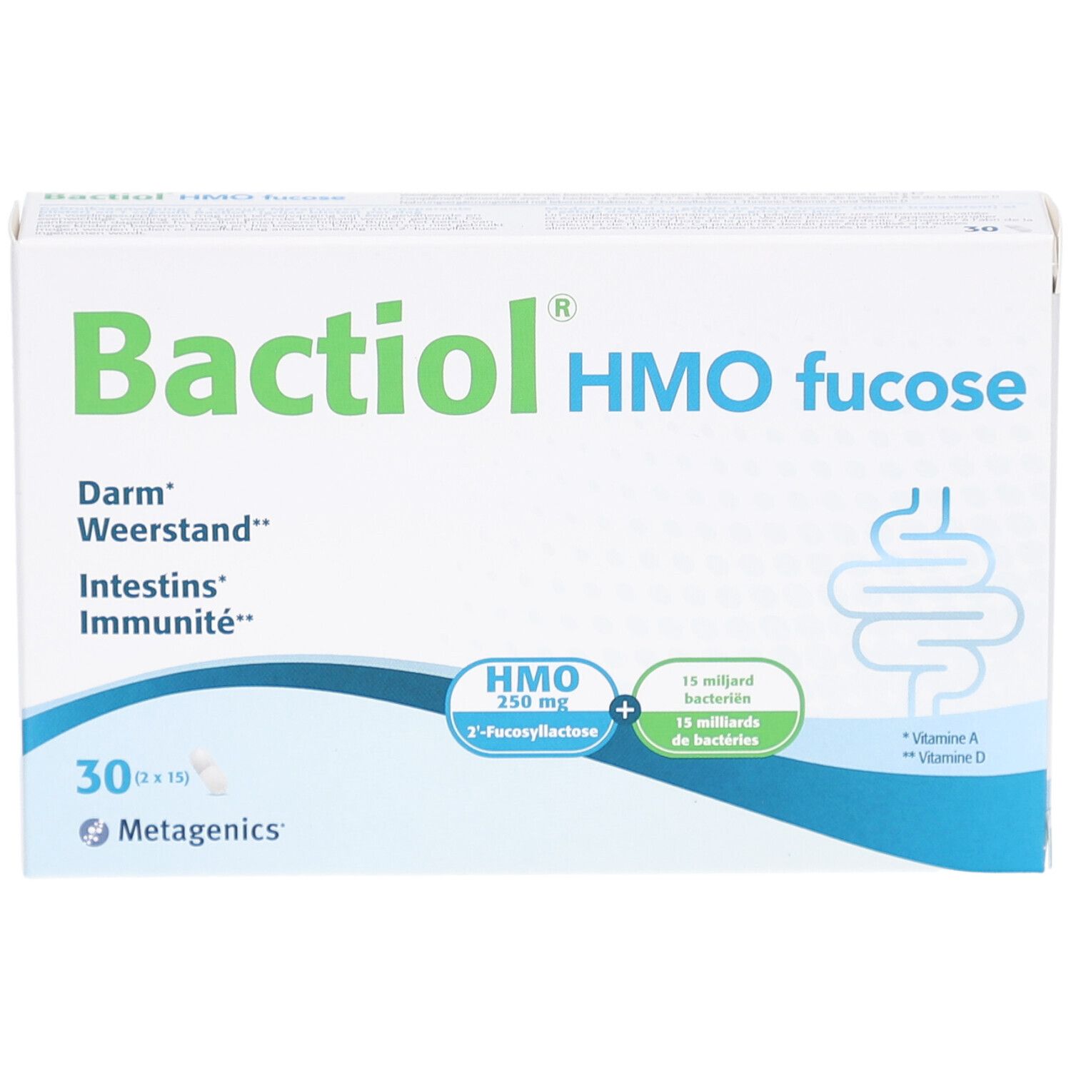 Witte doos met Bactiol HMO fucose. Opschrift: Darm, Weerstand, Intestins, Immunität. 30 capsules. Metagenics logo.