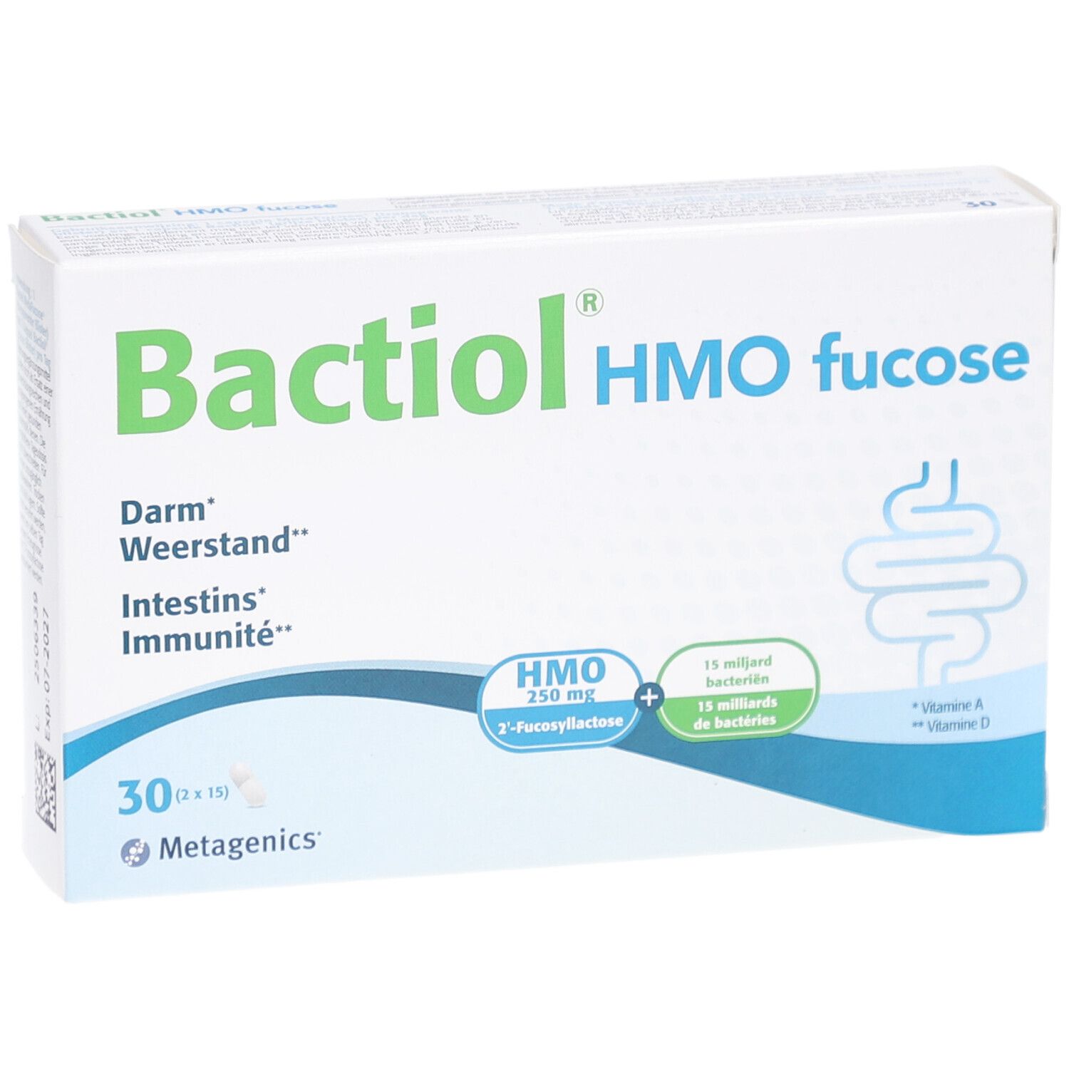 Witte doos met Bactiol HMO fucose. Opschrift: Darm, Weerstand, Intestins, Immunität. 30 capsules. Metagenics logo.